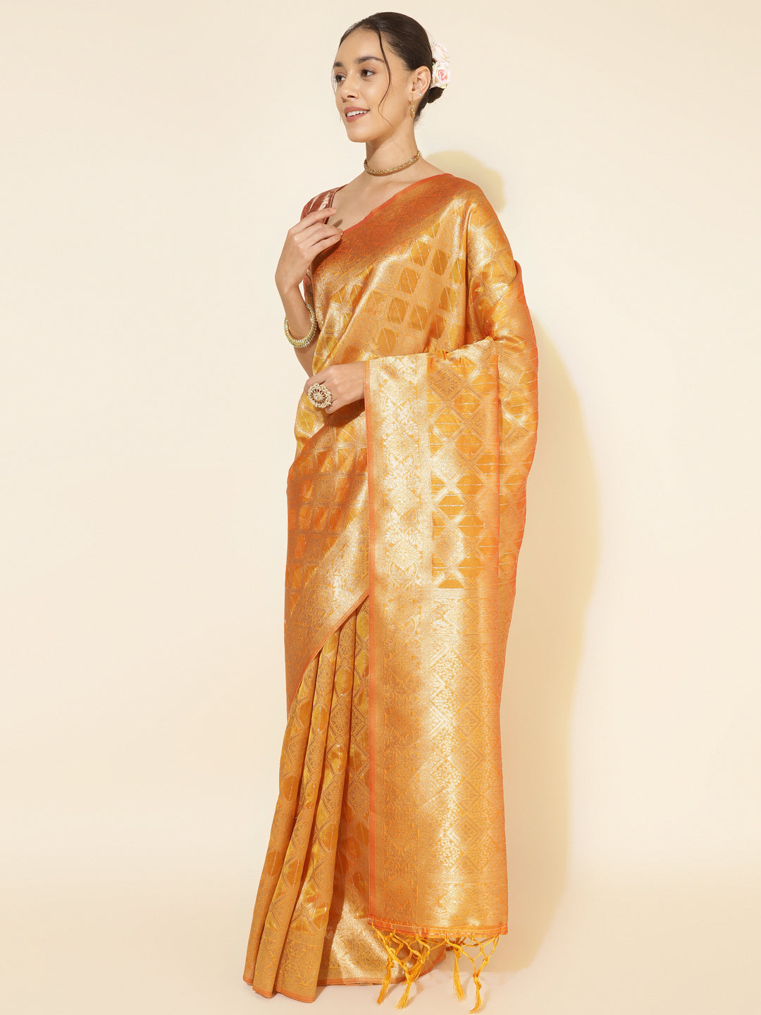 Yellow Organza Woven Ethnic Motifs Saree with Unstitched Blouse Piece