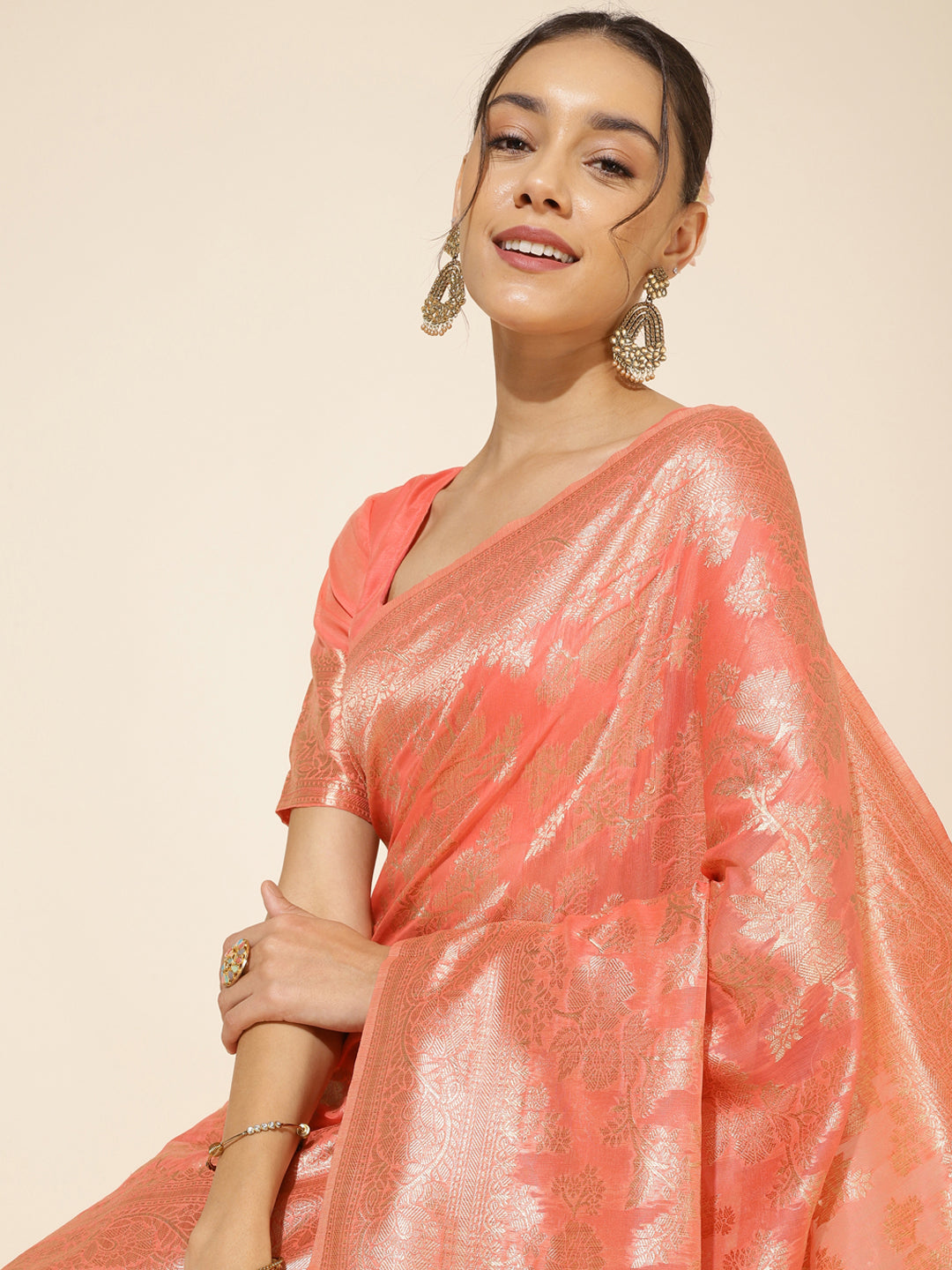 Peach Chanderi Silk Floral Saree with Unstitched Blouse Piece