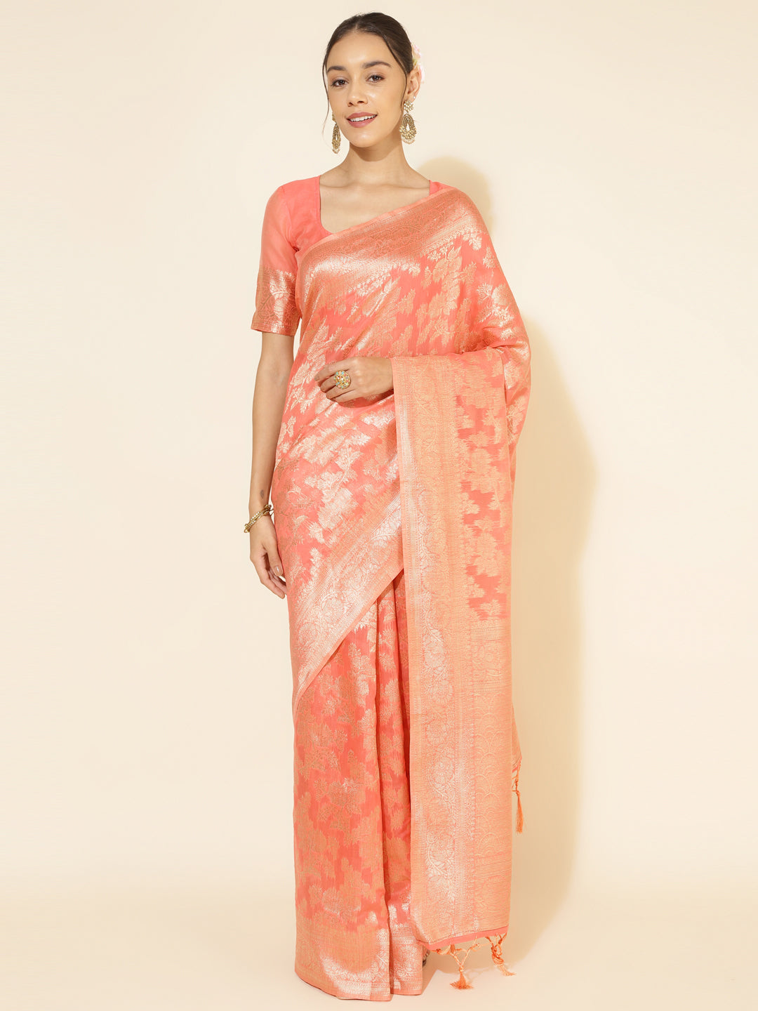 Peach Chanderi Silk Floral Saree with Unstitched Blouse Piece