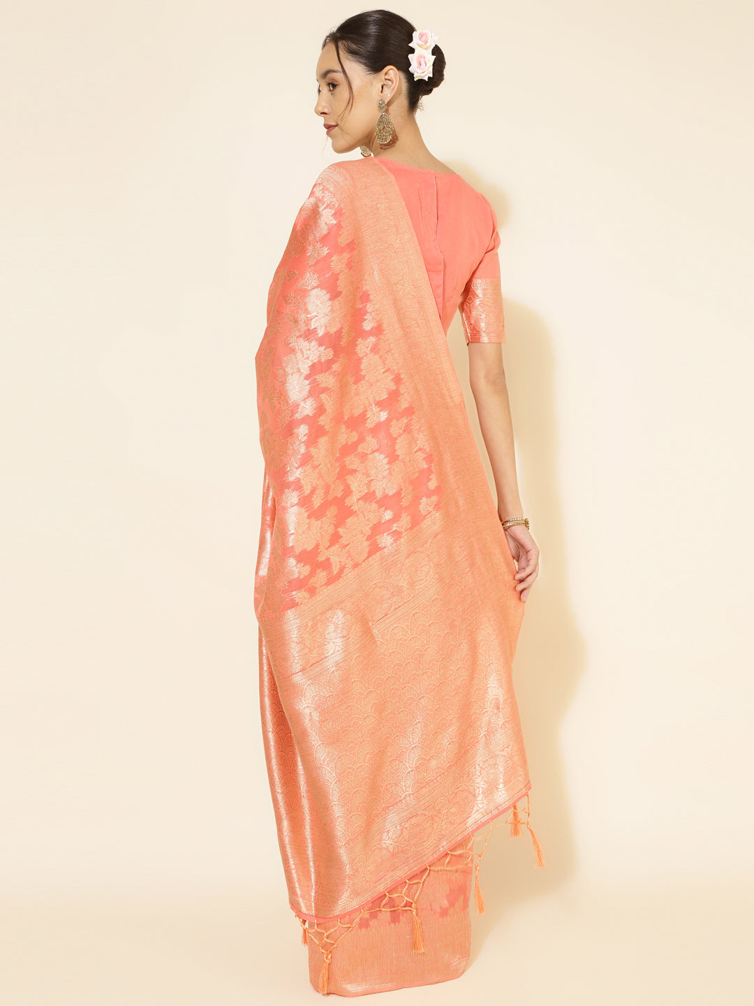 Peach Chanderi Silk Floral Saree with Unstitched Blouse Piece