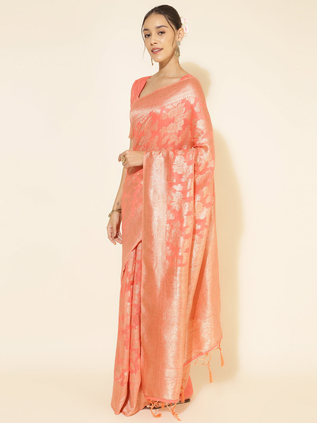 Peach Chanderi Silk Floral Saree with Unstitched Blouse Piece