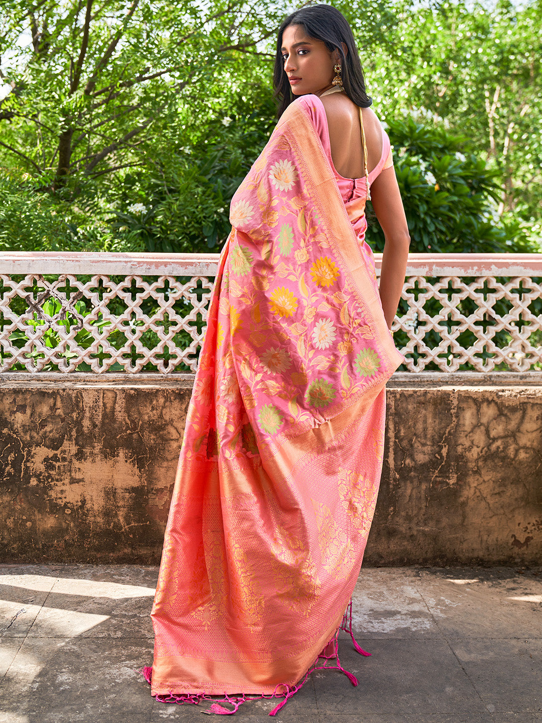 Light Pink Banarasi Silk Woven Floral Design Saree with Unstitched Blouse Piece