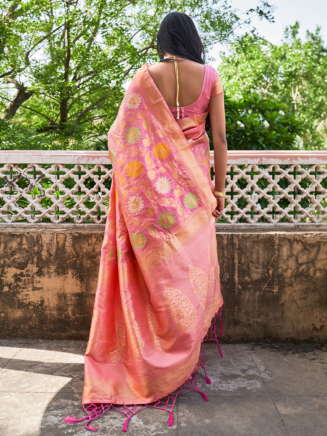 Light Pink Banarasi Silk Woven Floral Design Saree with Unstitched Blouse Piece