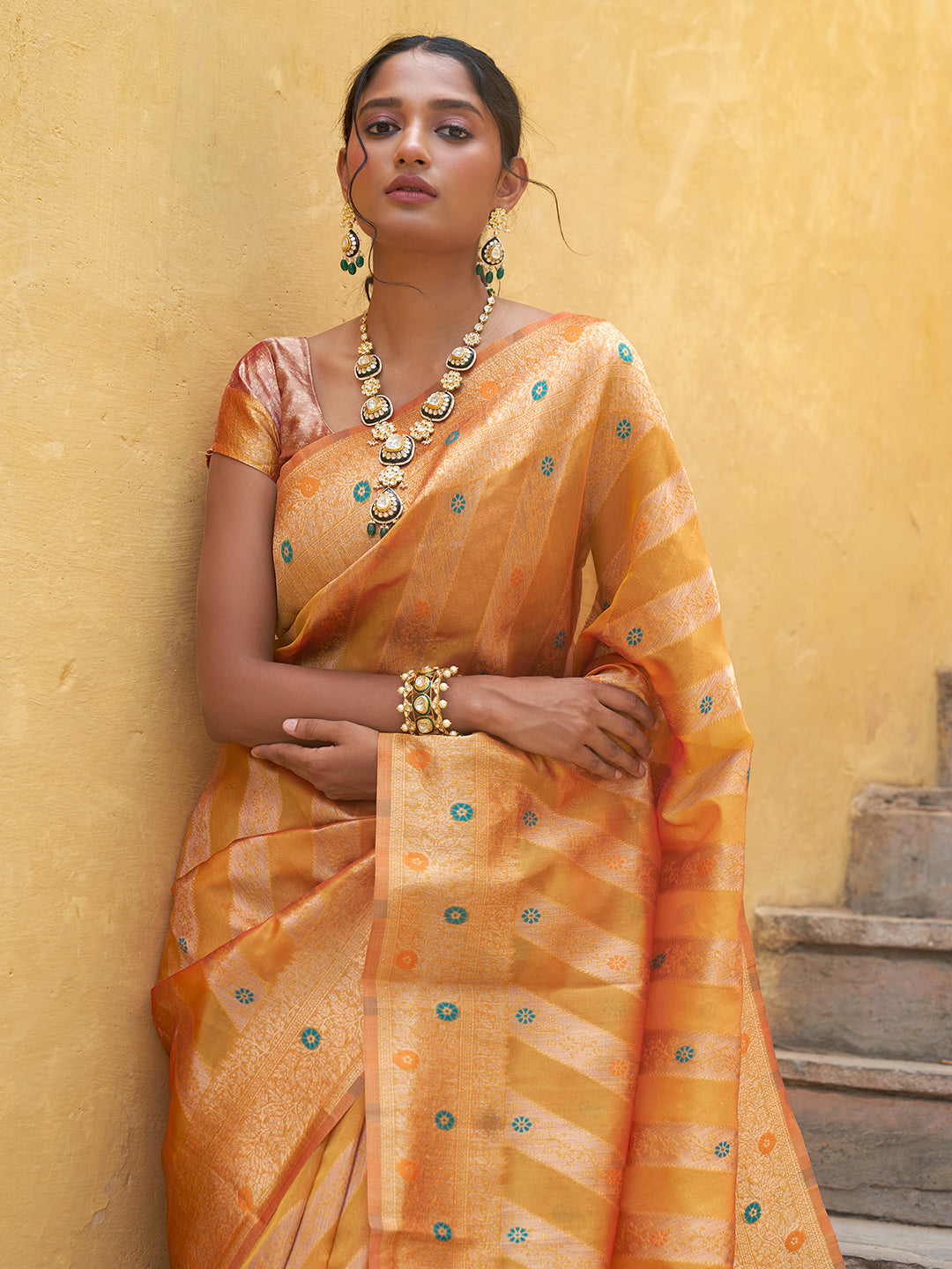 Yellow Organza Woven Leheriya Saree with Unstitched Blouse Piece
