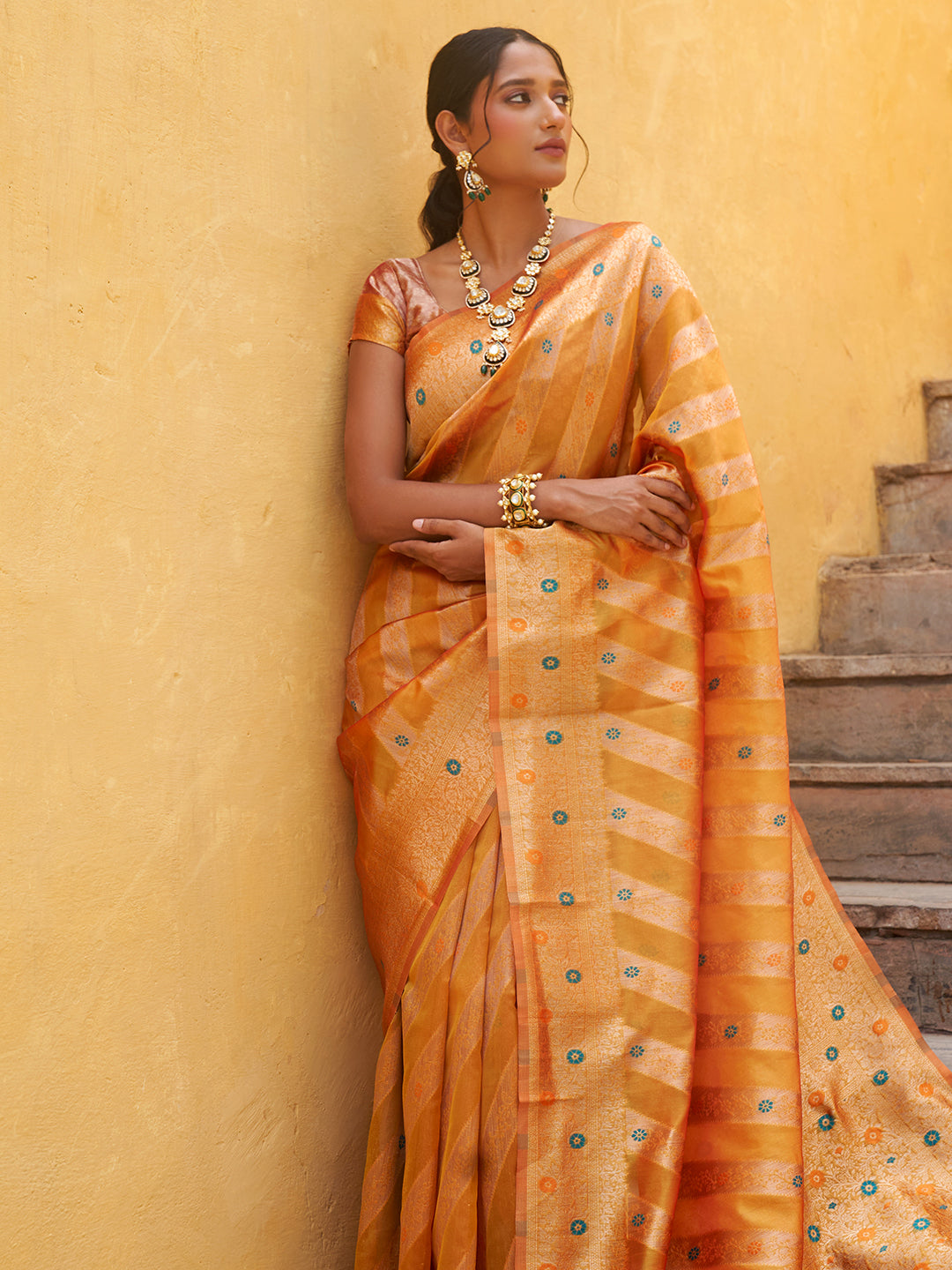 Yellow Organza Woven Leheriya Saree with Unstitched Blouse Piece