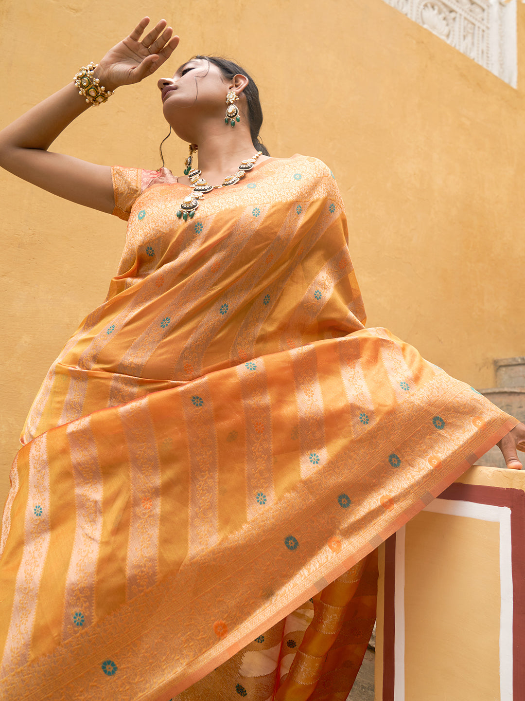 Yellow Organza Woven Leheriya Saree with Unstitched Blouse Piece
