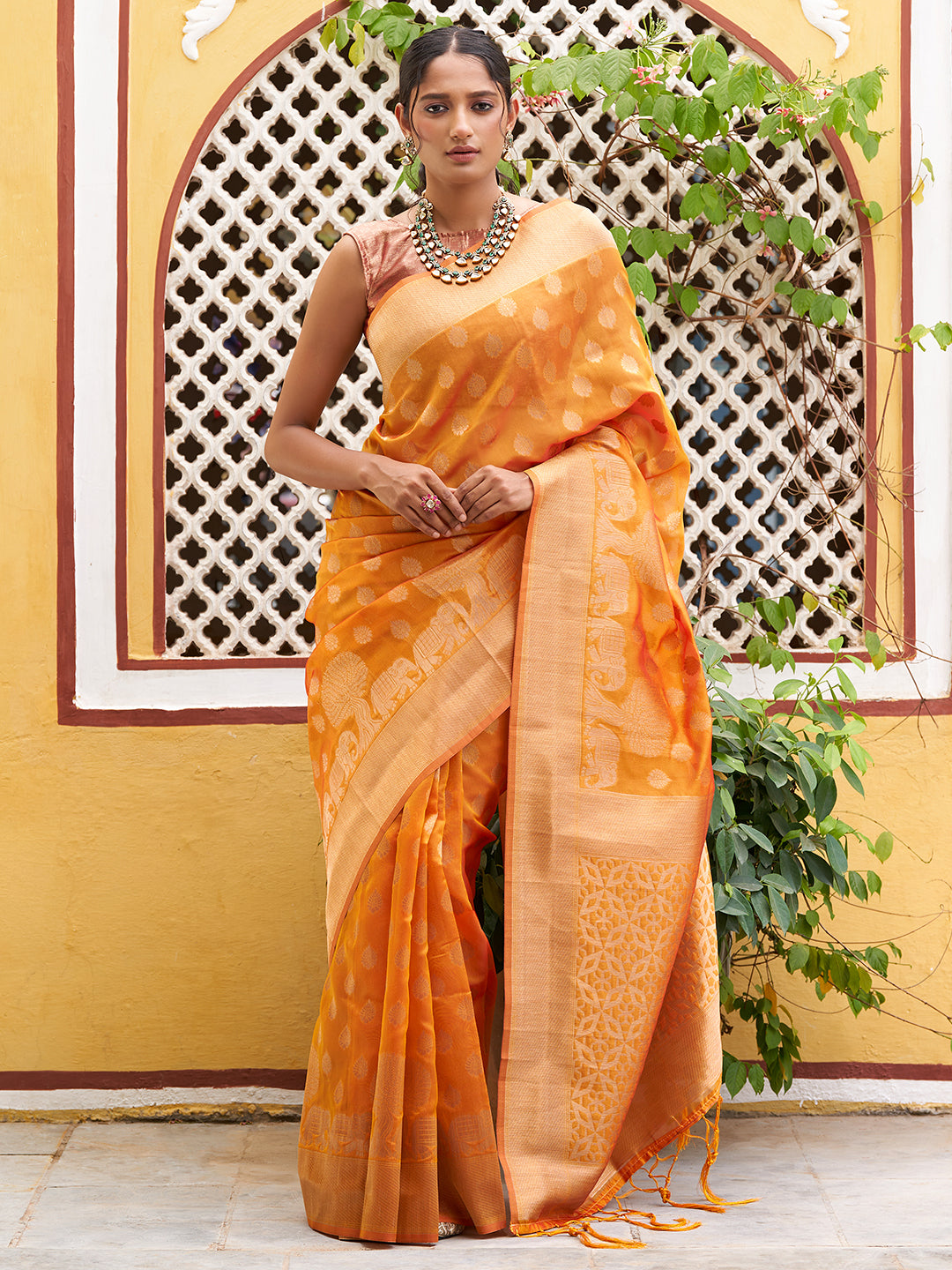 Yellow Organza Woven Dual Tone Ethnic Motif Design Saree with Unstitched Blouse Piece