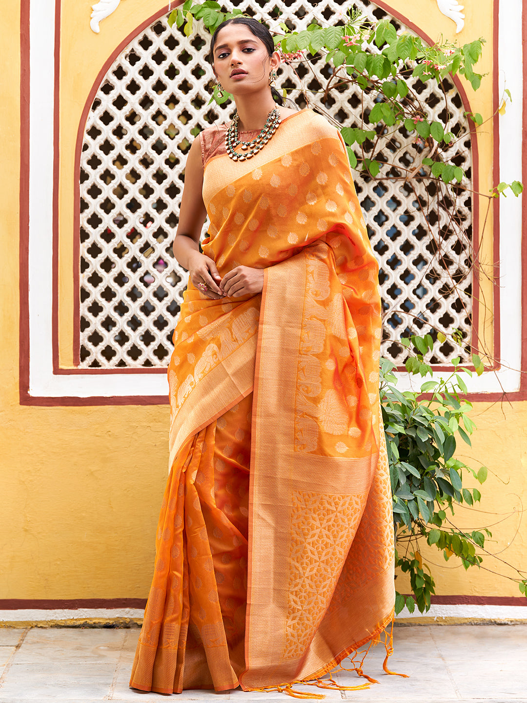 Yellow Organza Woven Dual Tone Ethnic Motif Design Saree with Unstitched Blouse Piece