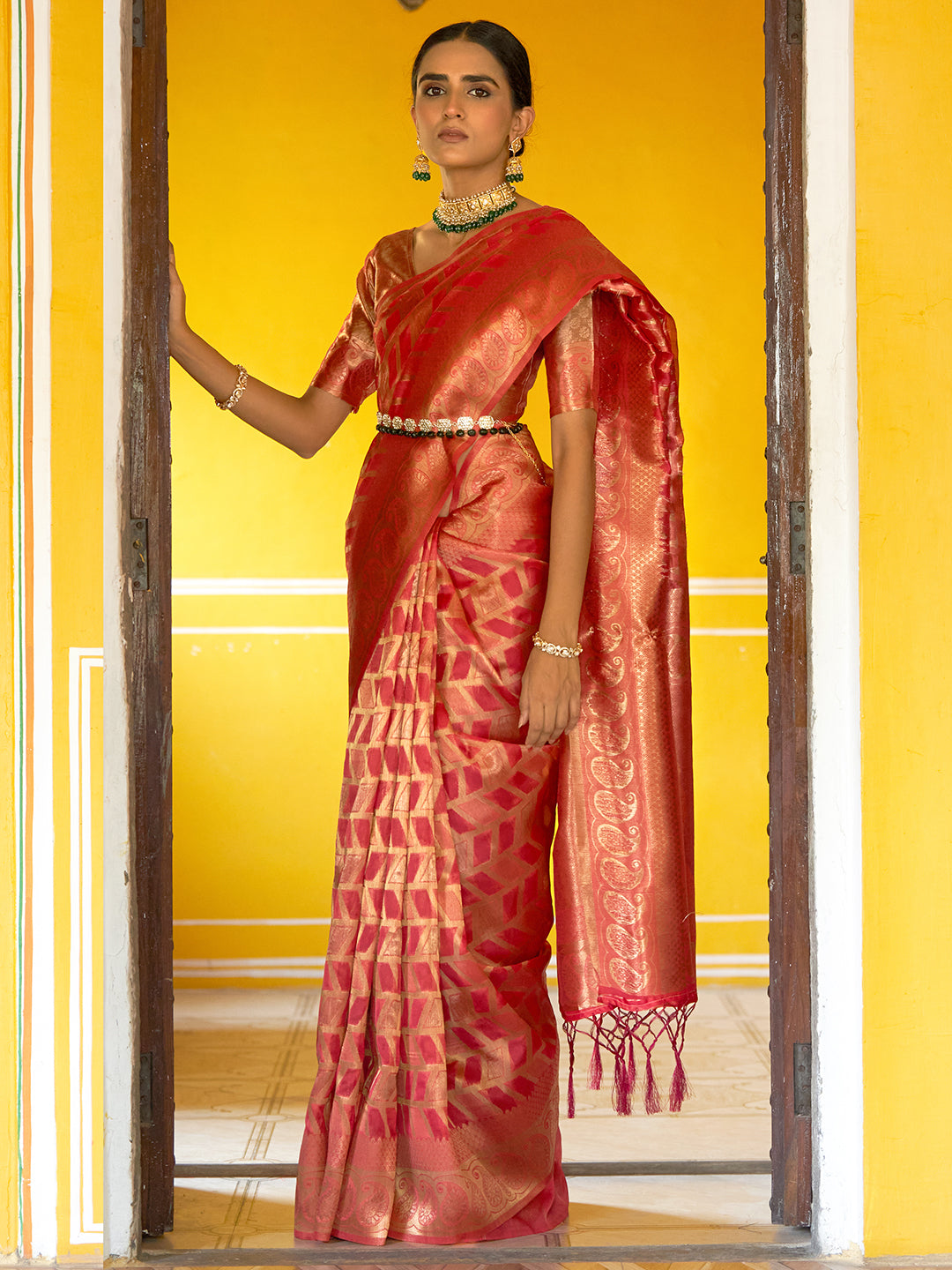 Pink Organza Woven Geometric Design Saree with Unstitched Blouse Piece