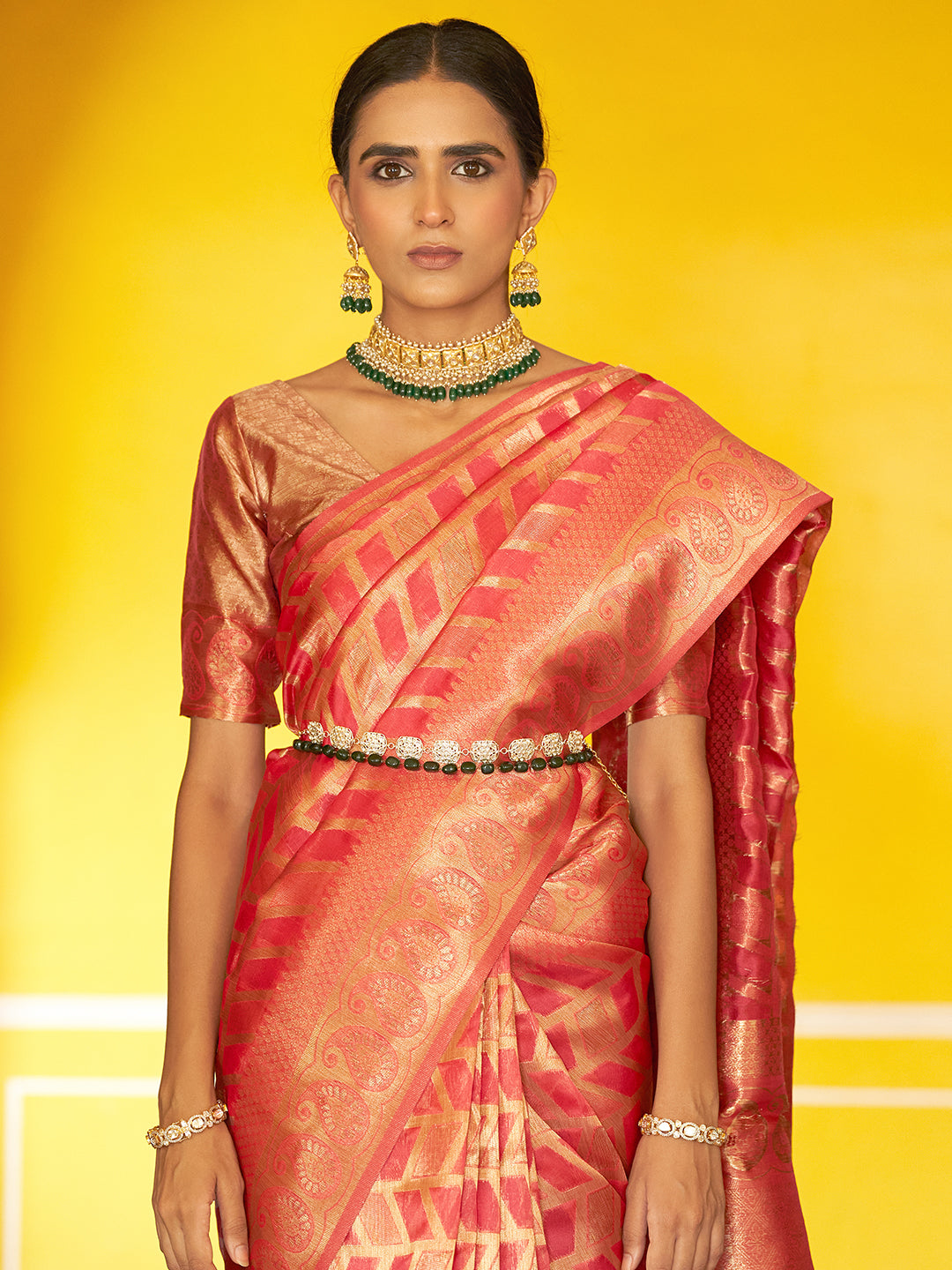 Pink Organza Woven Geometric Design Saree with Unstitched Blouse Piece