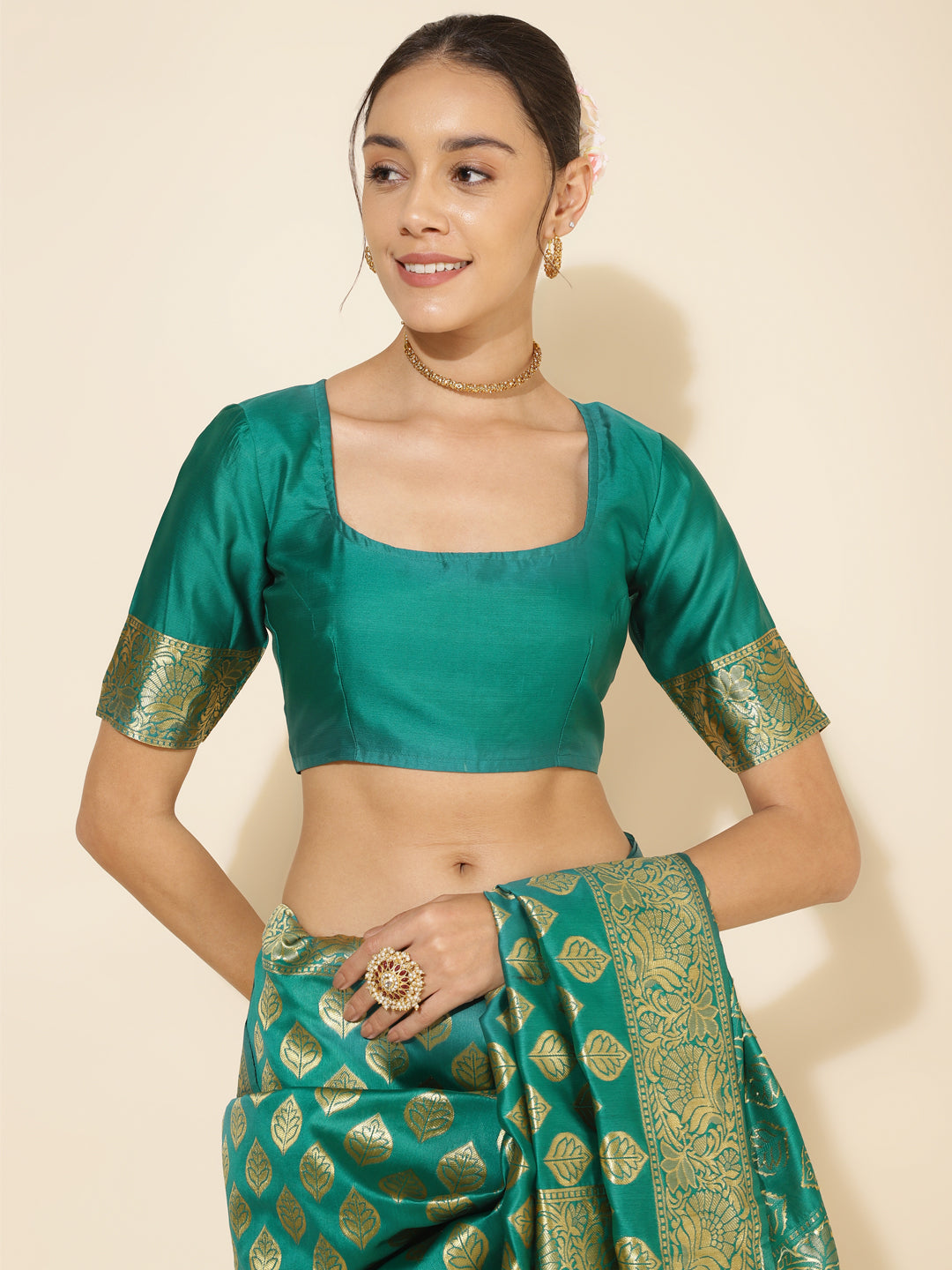 Rama Green Banarasi Silk Ethnic Motifs Saree with Unstitched Blouse Piece