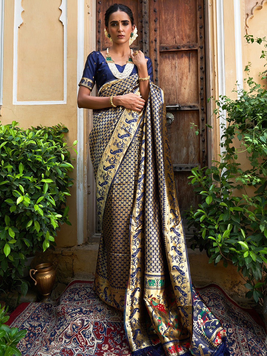 Navy Blue Paithani Silk Woven Ethnic Motifs Saree with Unstitched Blouse Piece