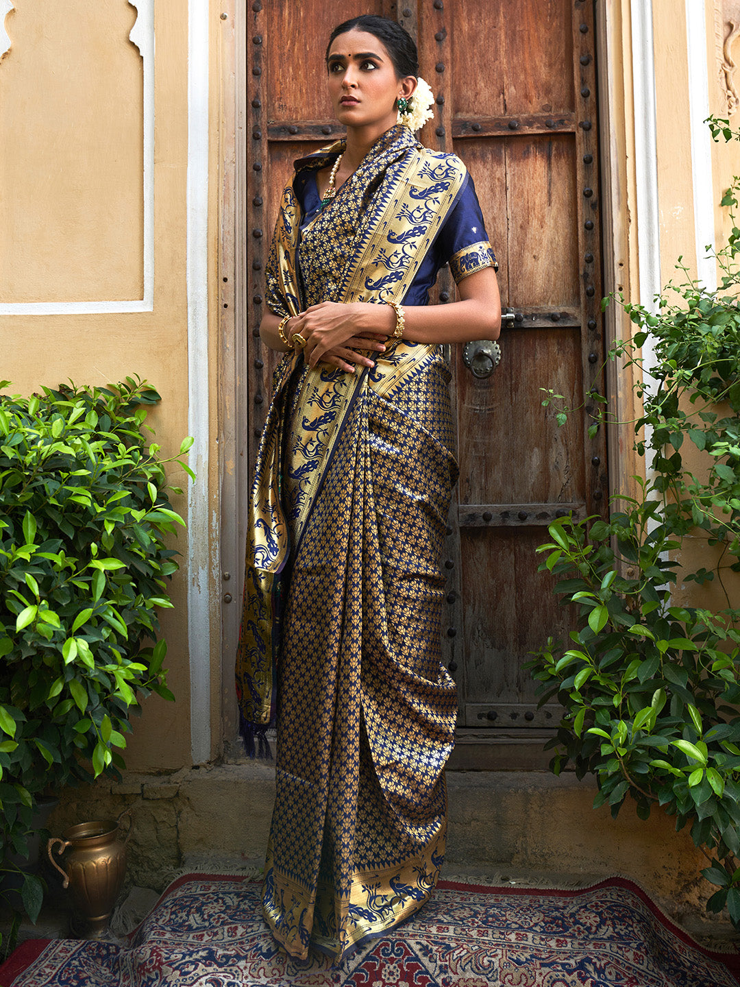 Navy Blue Paithani Silk Woven Ethnic Motifs Saree with Unstitched Blouse Piece