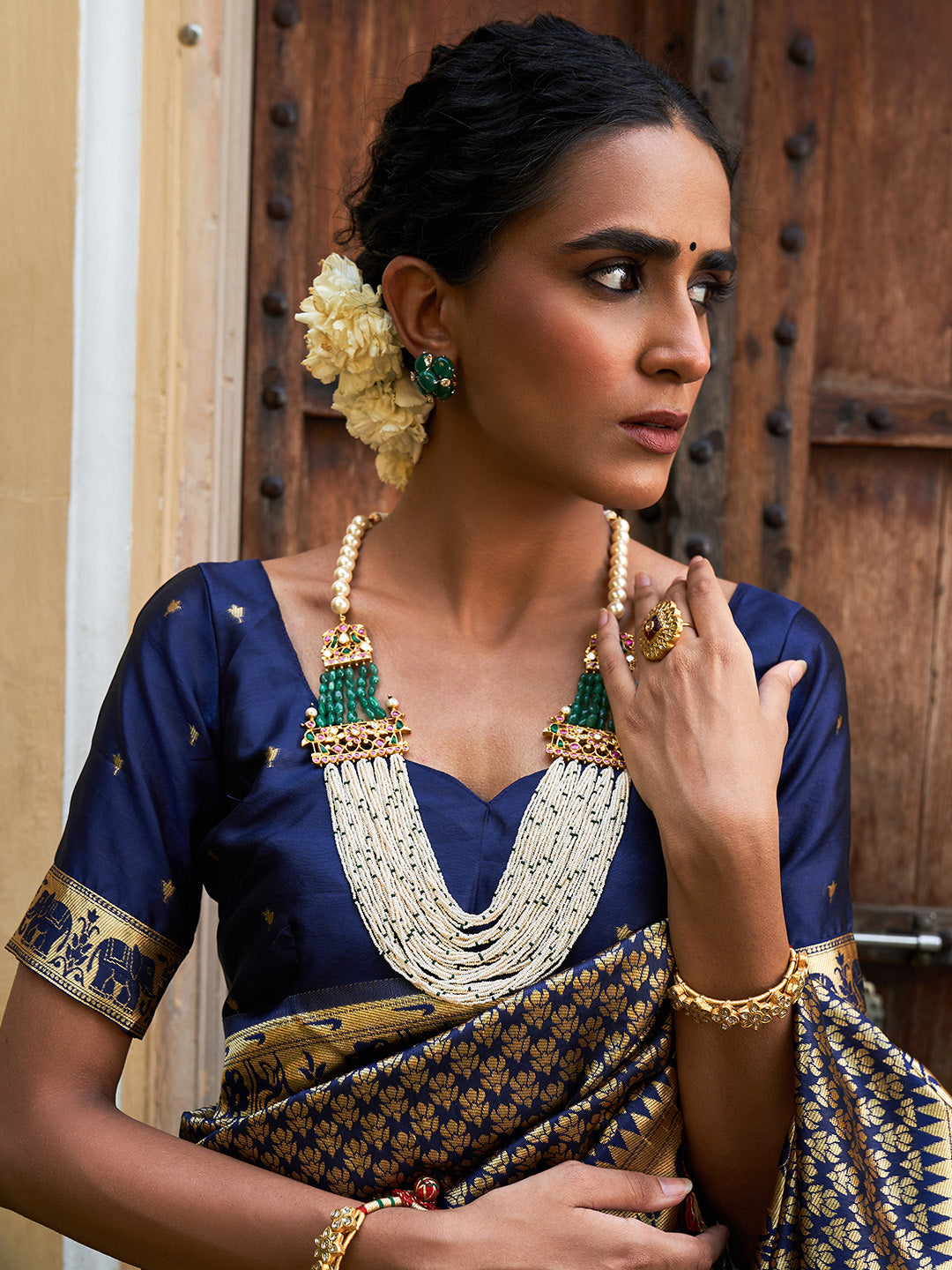 Navy Blue Paithani Silk Woven Ethnic Motifs Saree with Unstitched Blouse Piece