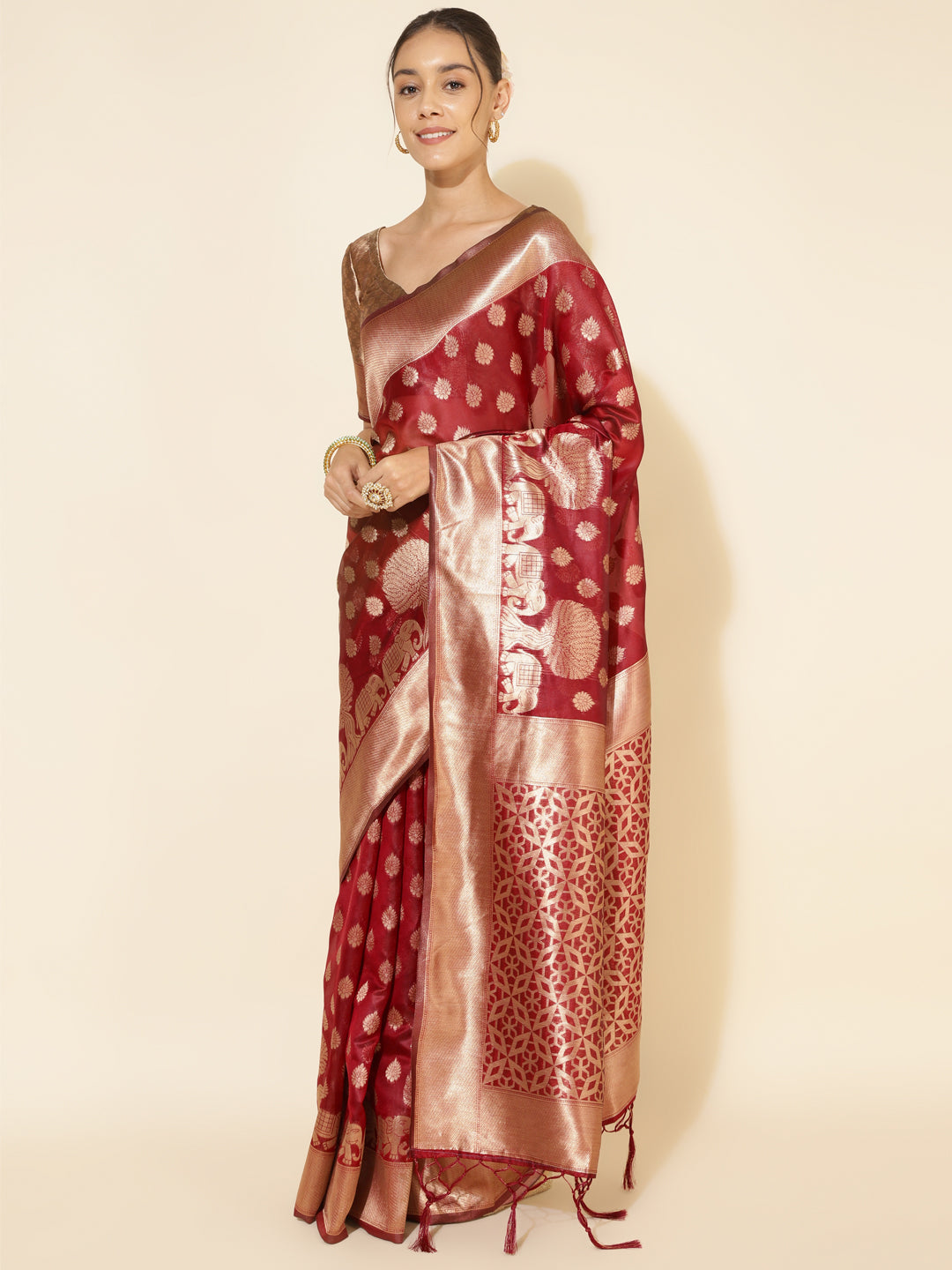 Maroon Organza Woven Ethnic Motifs Saree with Unstitched Blouse Piece