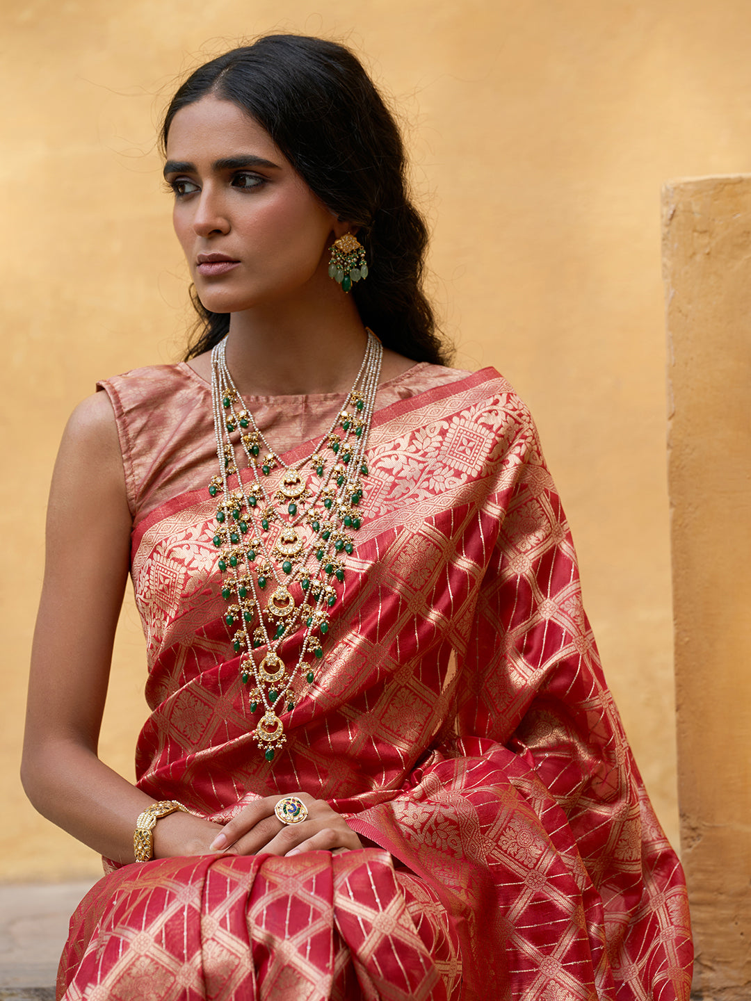 Red Organza Woven Ethnic Motifs Saree with Unstitched Blouse Piece