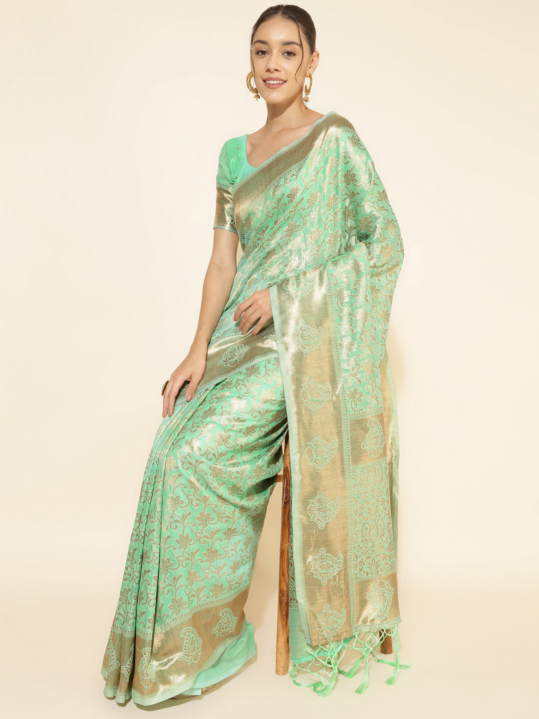 Light Green Chanderi Silk Floral Saree with Unstitched Blouse Piece