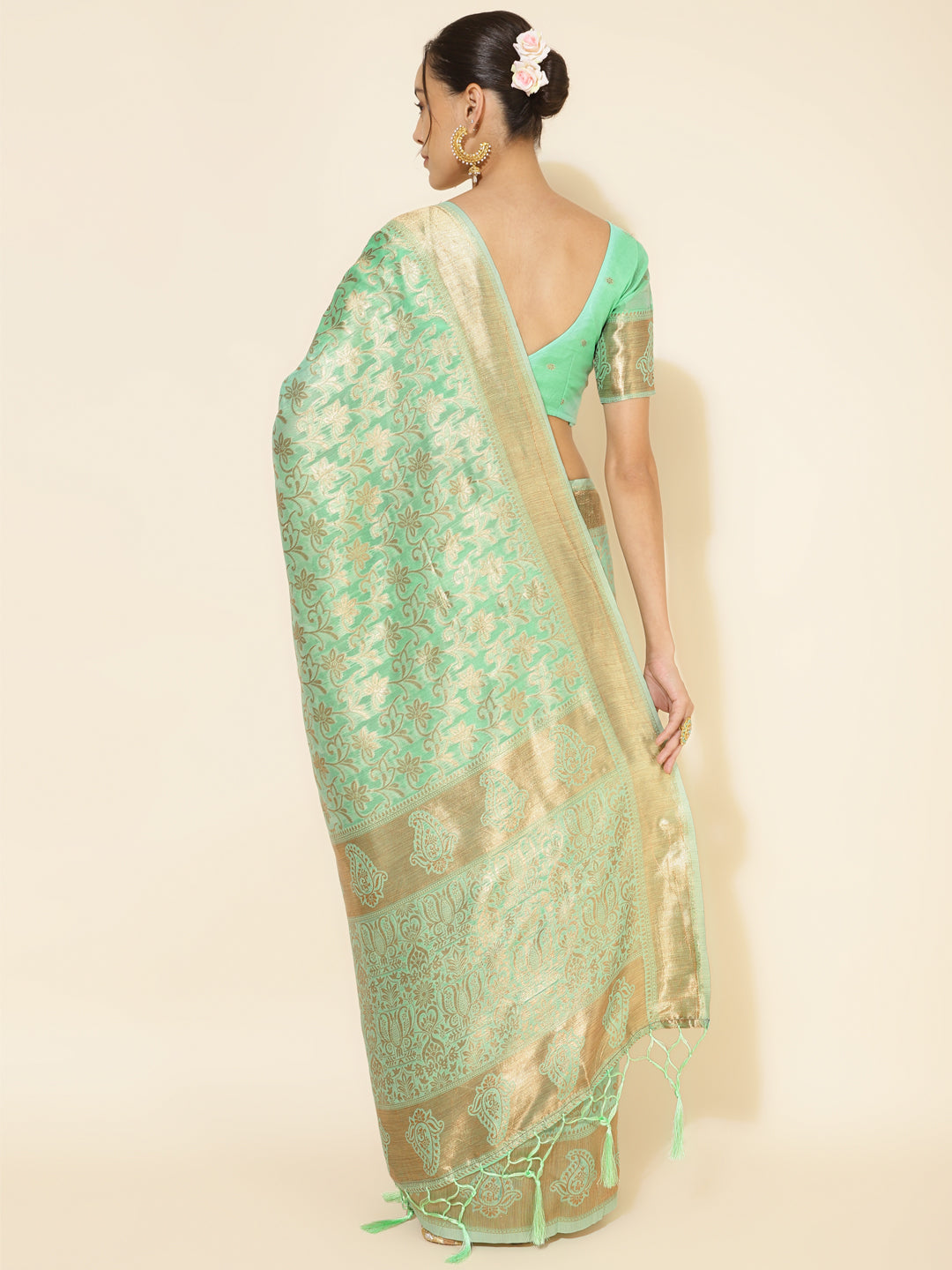 Light Green Chanderi Silk Floral Saree with Unstitched Blouse Piece