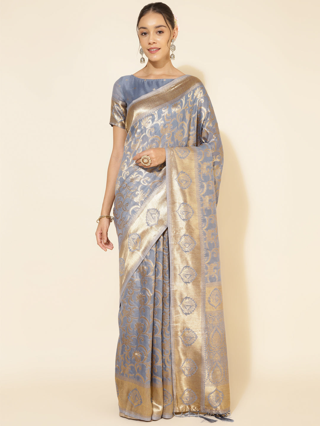 Grey Chanderi Silk Woven Ethnic Motifs Saree with Unstitched Blouse Piece
