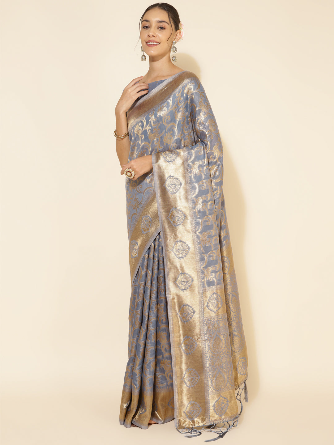 Grey Chanderi Silk Woven Ethnic Motifs Saree with Unstitched Blouse Piece