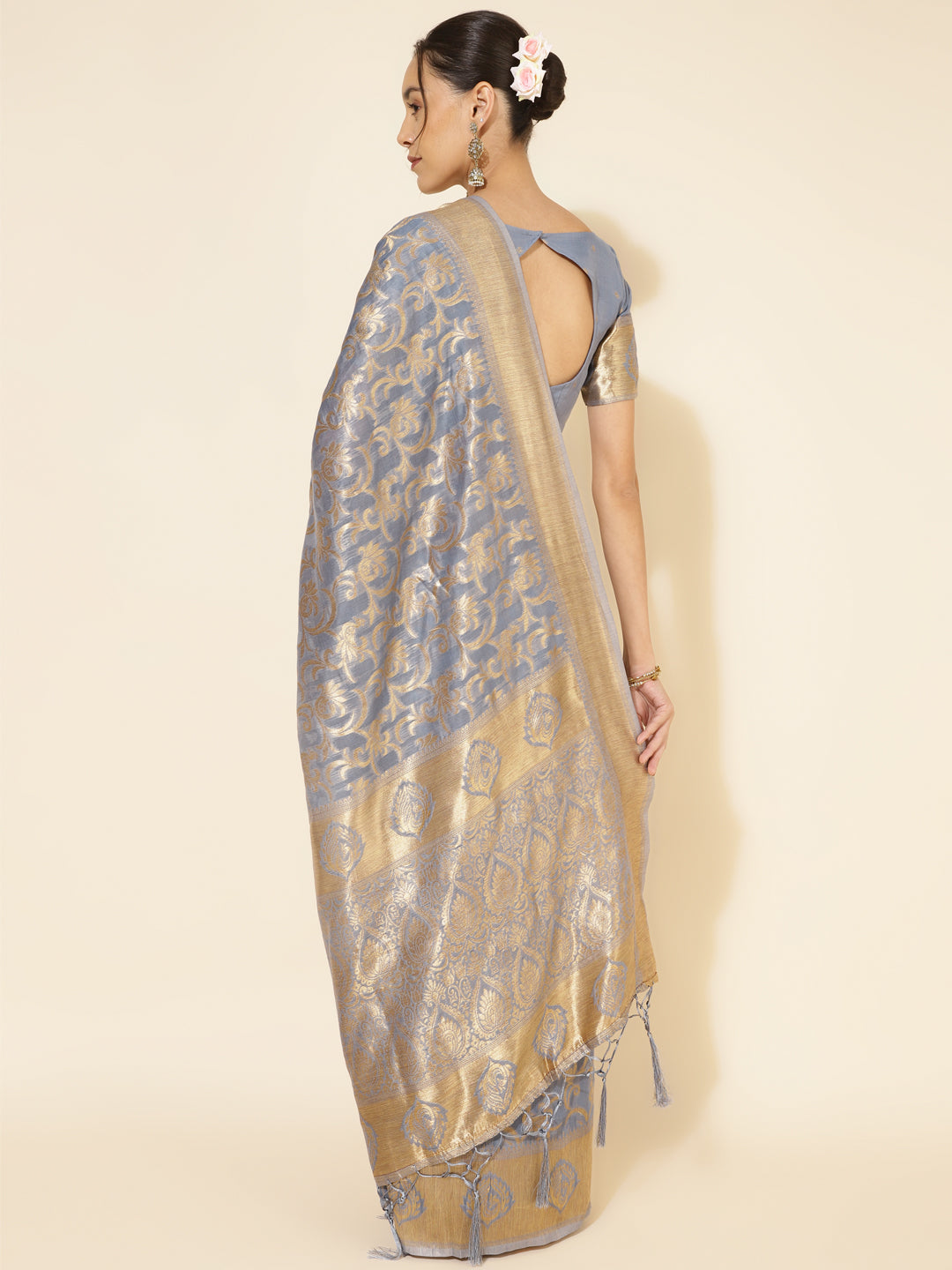 Grey Chanderi Silk Woven Ethnic Motifs Saree with Unstitched Blouse Piece