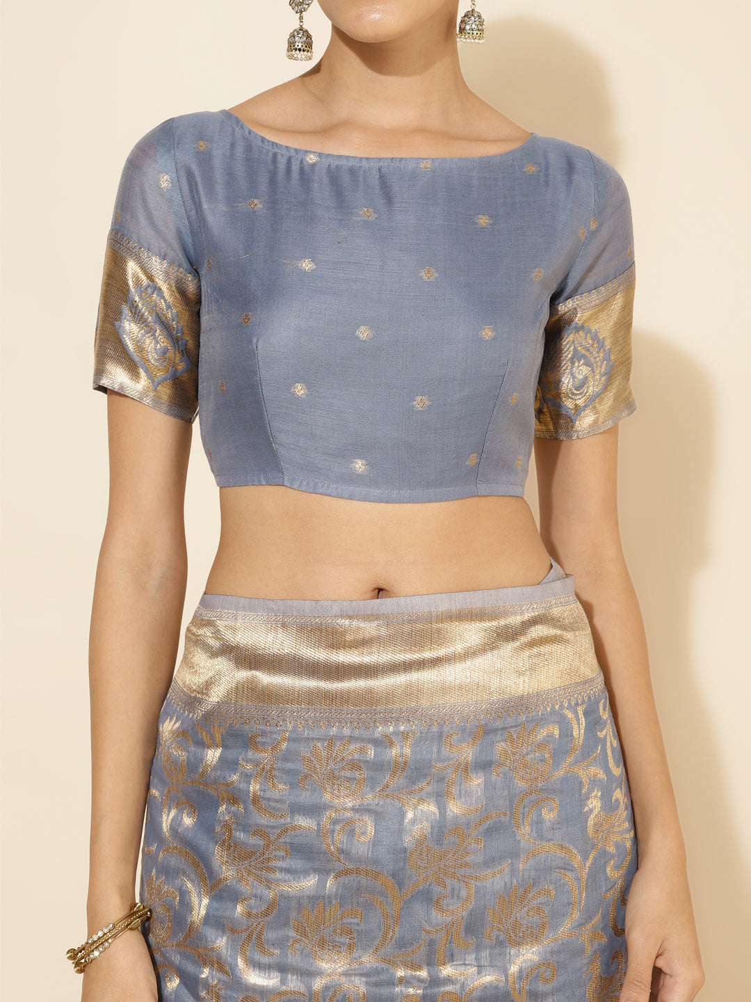 Grey Chanderi Silk Woven Ethnic Motifs Saree with Unstitched Blouse Piece