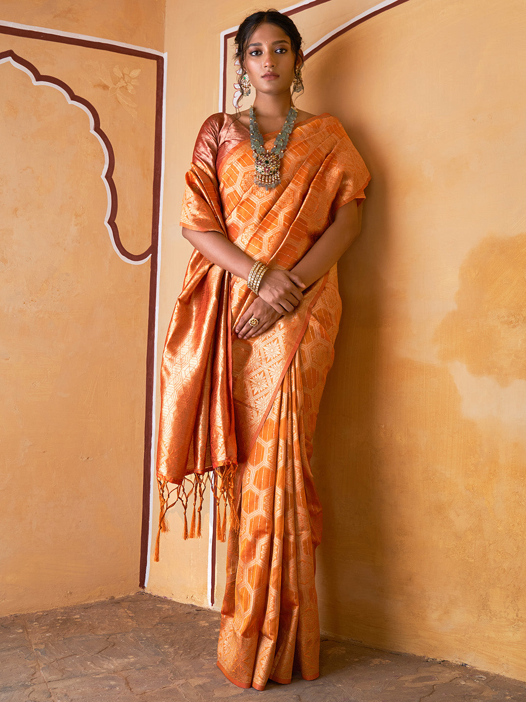 Yellow Organza Woven Ethnic Motifs Saree with Unstitched Blouse Piece