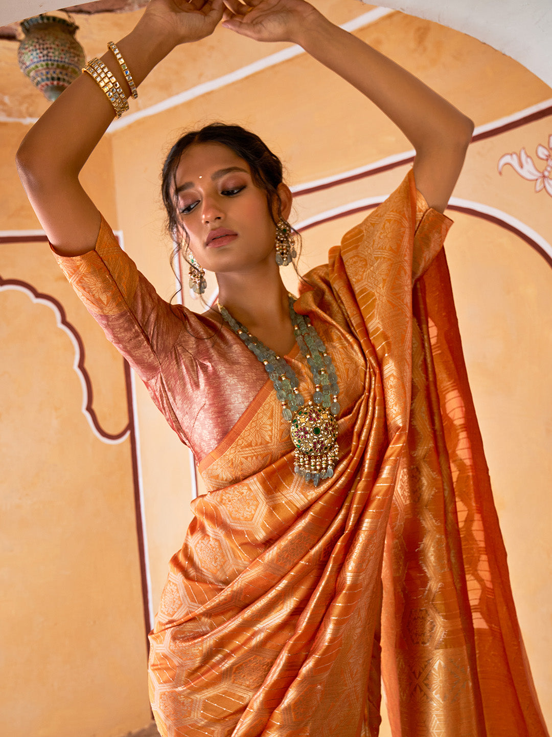 Yellow Organza Woven Ethnic Motifs Saree with Unstitched Blouse Piece