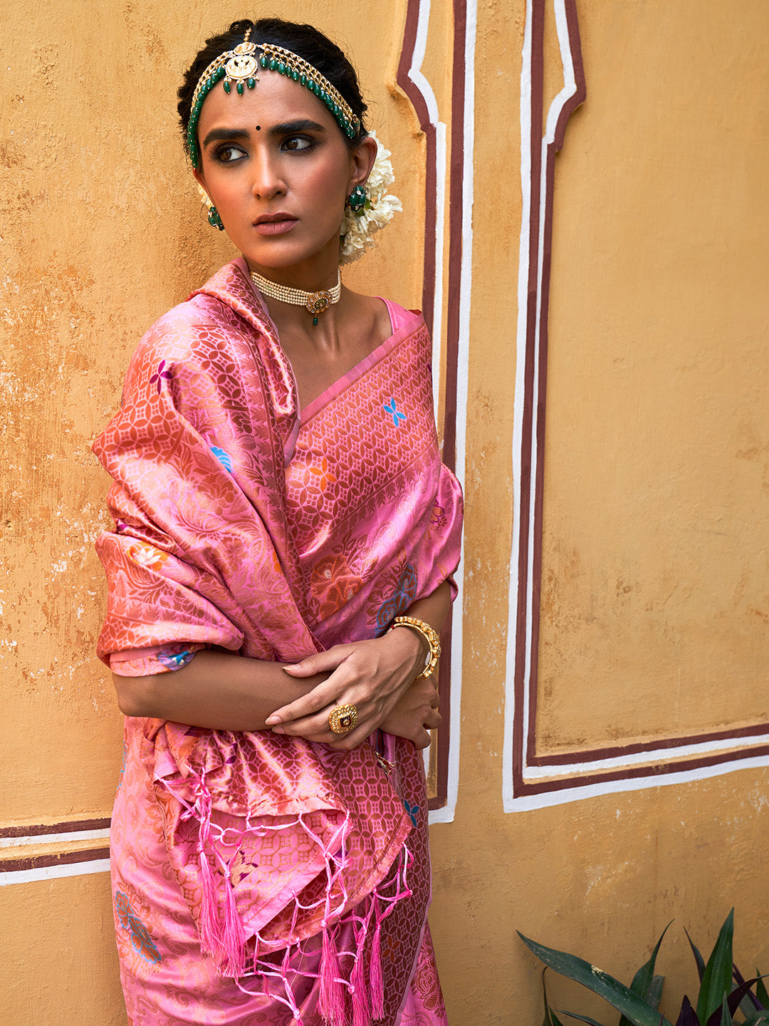 Light Pink Chanderi Silk Woven Jaal Motif Saree with Unstitched Blouse Piece