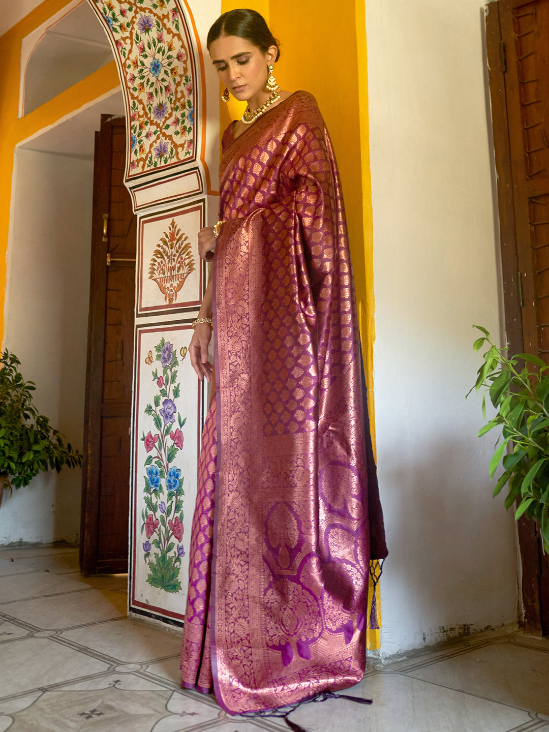 Wine Banarasi Silk Woven Ethnic Motifs Saree with Unstitched Blouse Piece