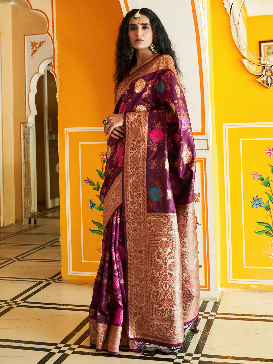 Wine Banarasi Silk Ethnic Motifs Saree with Unstitched Blouse Piece