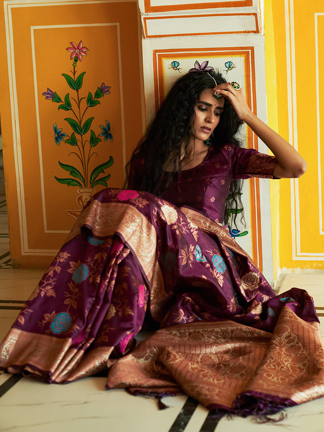 Wine Banarasi Silk Ethnic Motifs Saree with Unstitched Blouse Piece