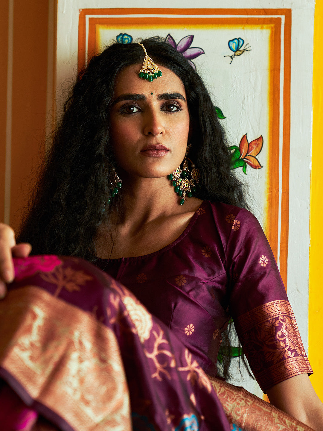 Wine Banarasi Silk Ethnic Motifs Saree with Unstitched Blouse Piece