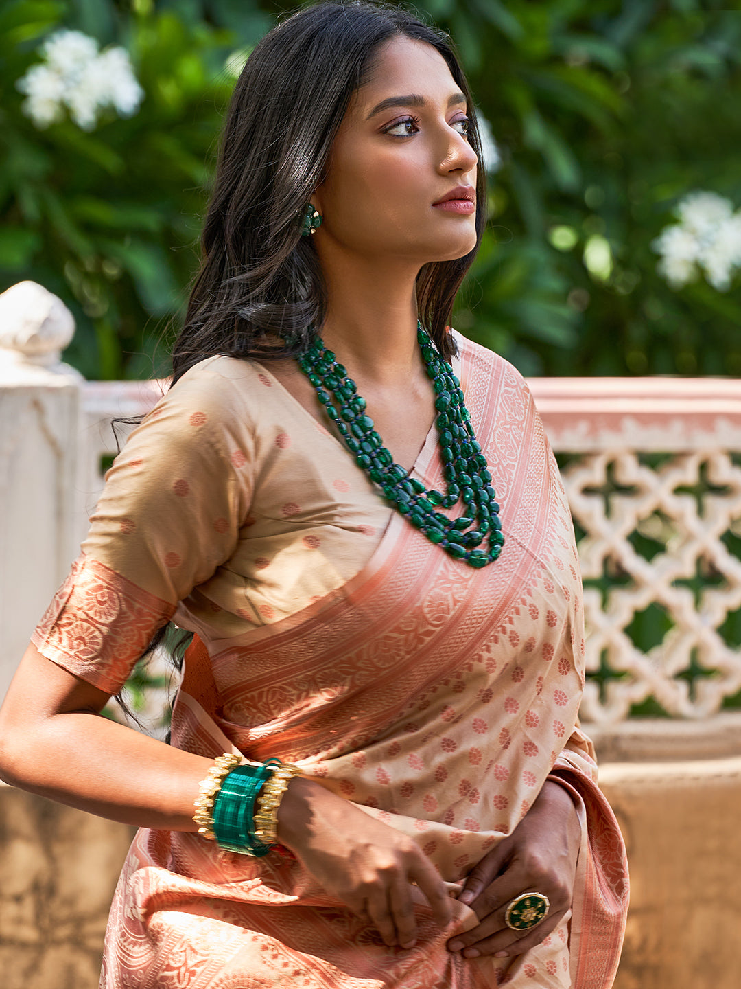 Beige Chanderi Silk Ethnic Motifs Saree with Unstitched Blouse Piece