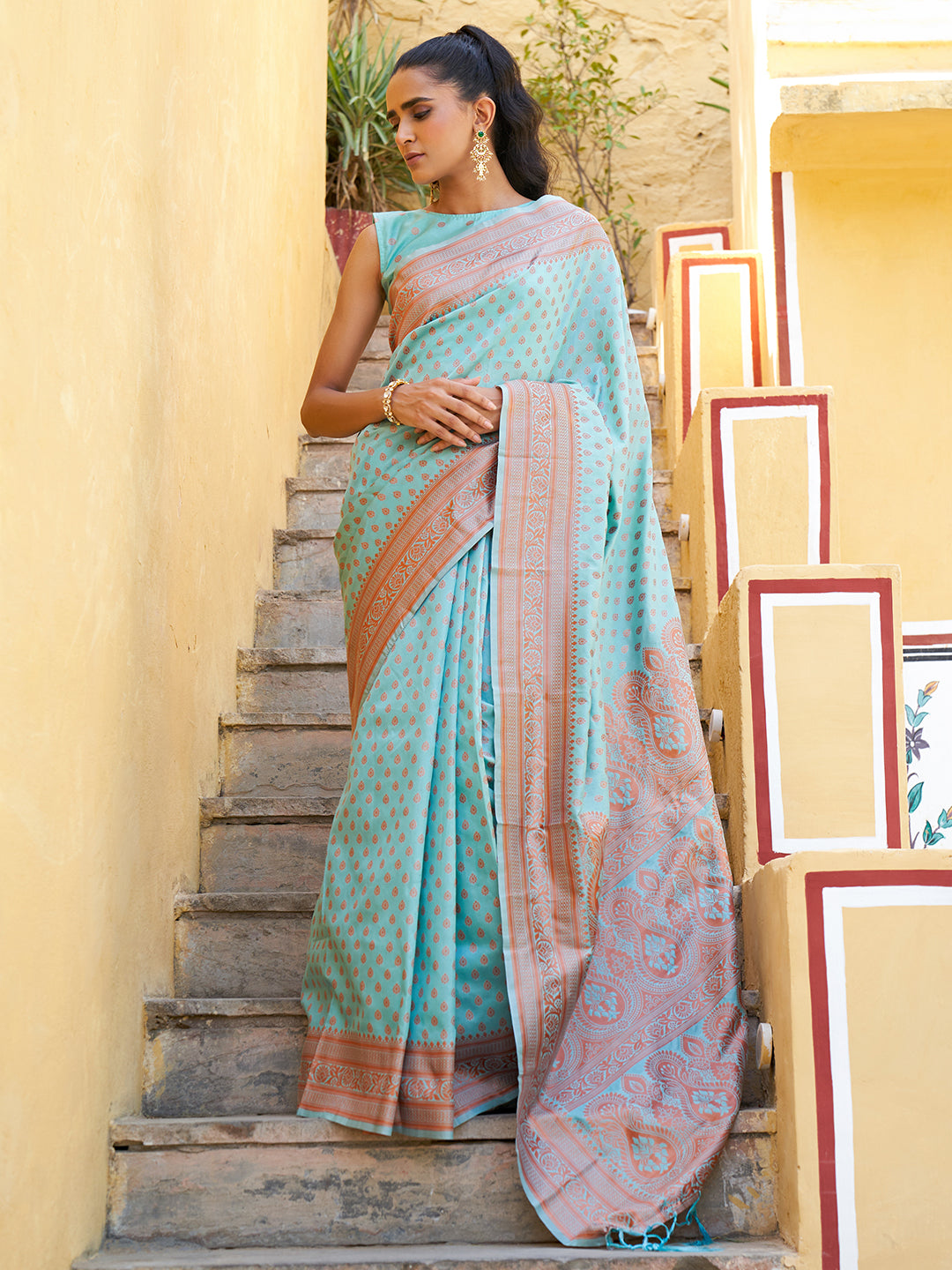 Sea Green Chanderi Silk Ethnic Motifs Saree with Unstitched Blouse Piece