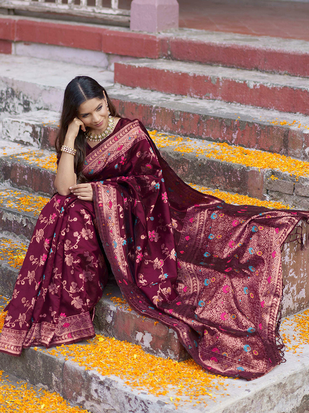Wine Banarasi Silk Floral Saree with Unstitched Blouse Piece
