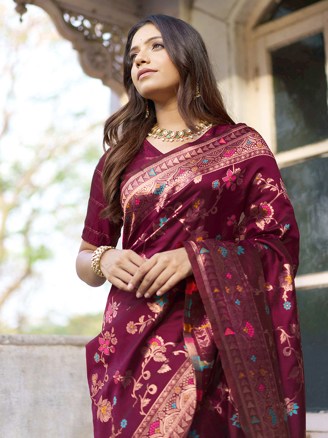 Wine Banarasi Silk Floral Saree with Unstitched Blouse Piece