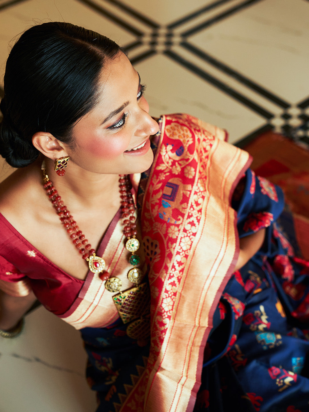 Navy Blue Cotton Silk Woven Ethnic Motifs Saree with Unstitched Blouse Piece