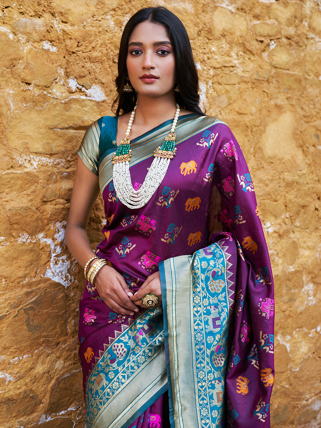 Wine Cotton Silk Woven Ethnic Motifs Saree with Unstitched Blouse Piece