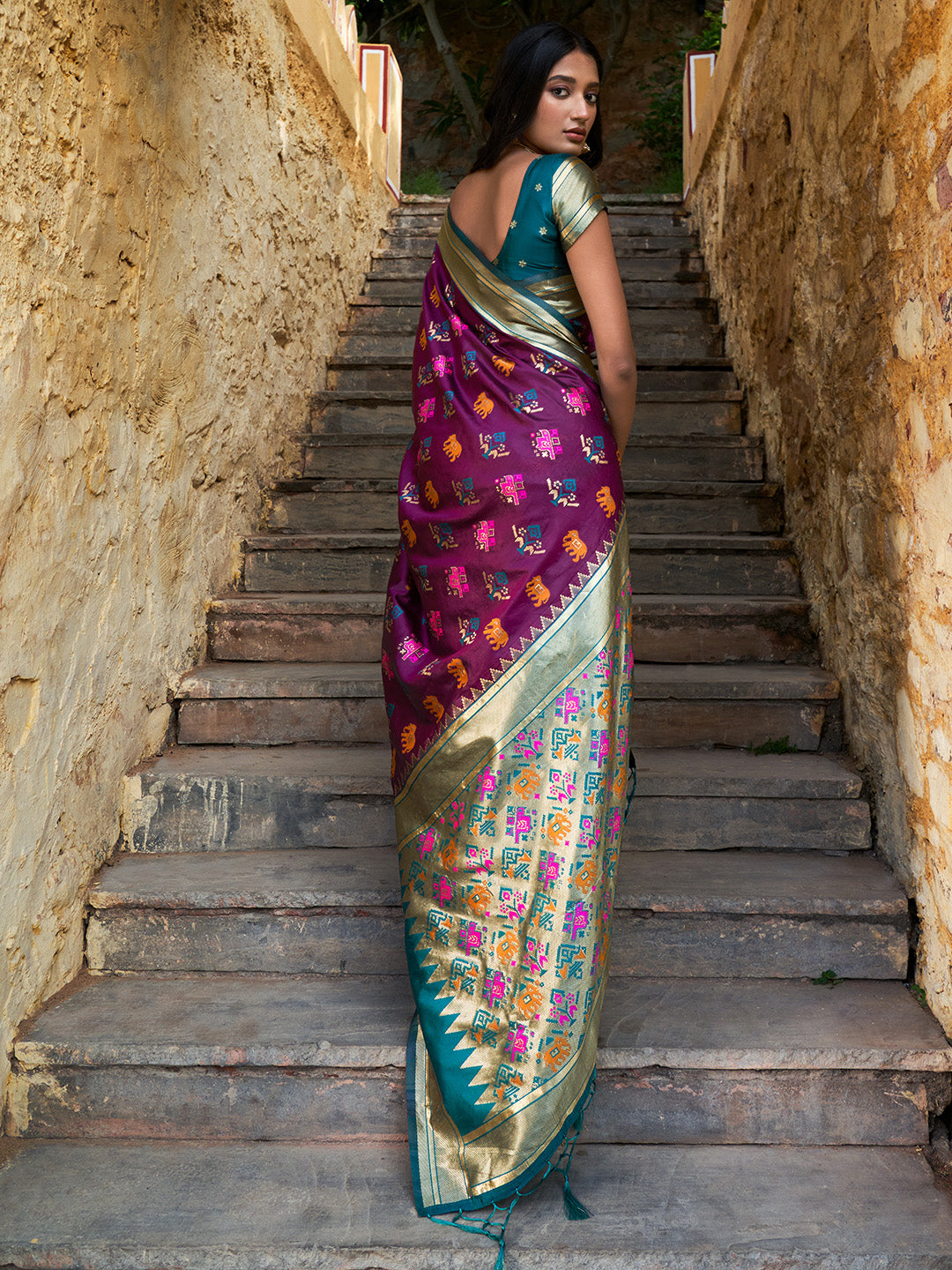 Wine Cotton Silk Woven Ethnic Motifs Saree with Unstitched Blouse Piece