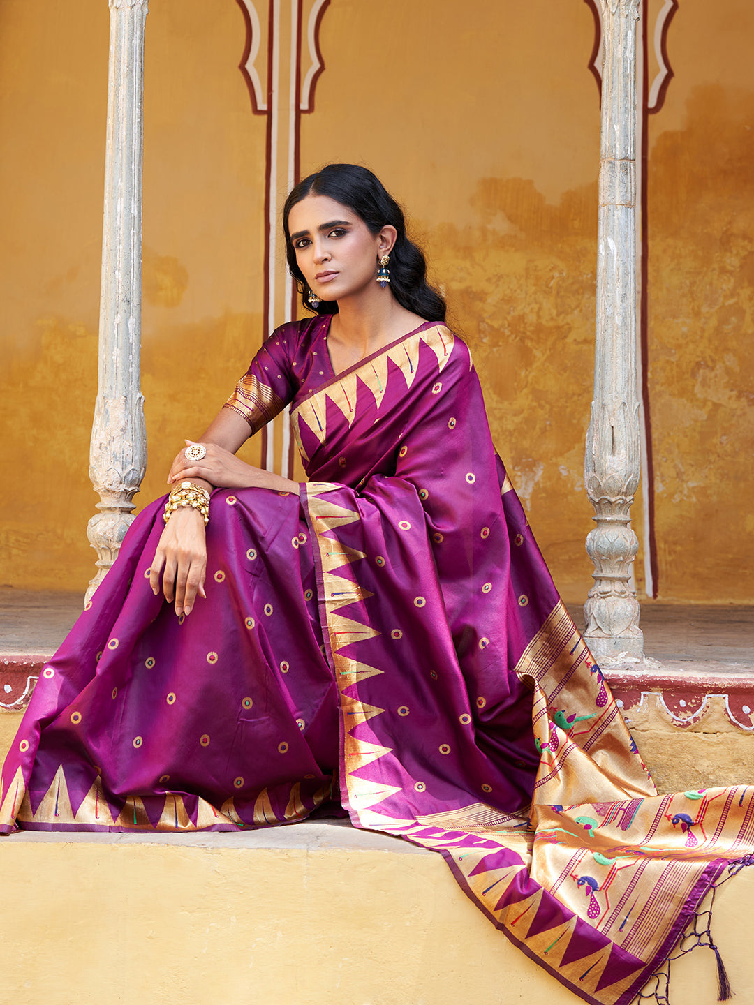 Wine Paithani Silk Ethnic Motifs Saree with Unstitched Blouse Piece