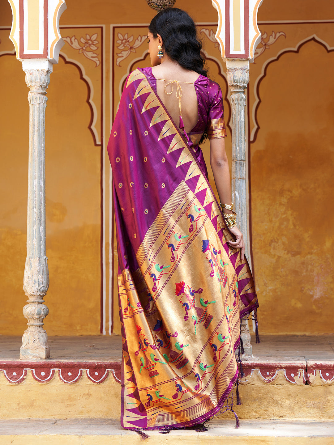 Wine Paithani Silk Ethnic Motifs Saree with Unstitched Blouse Piece