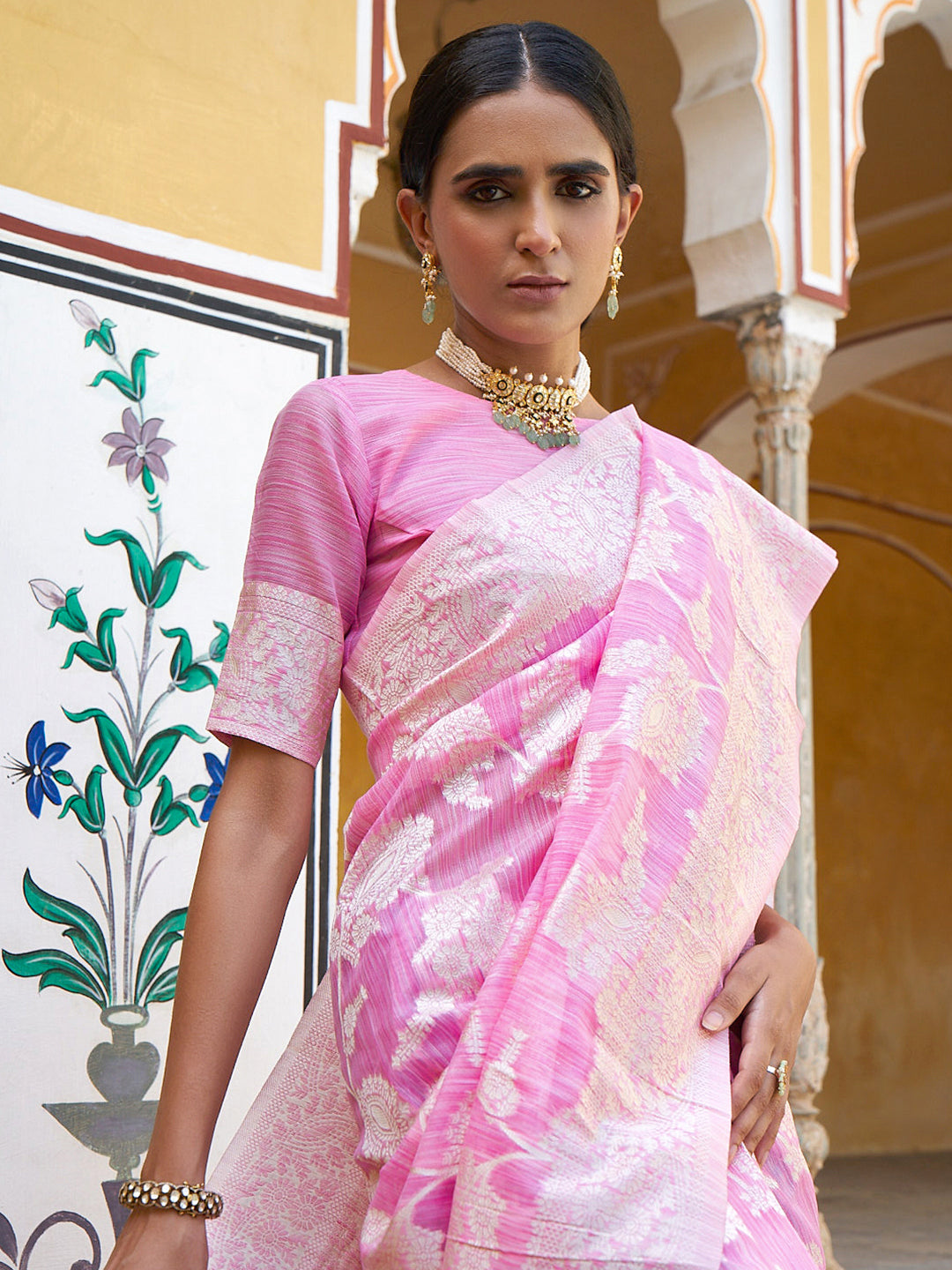 Pink Linen Blend Woven Ethnic Motifs Saree with Unstitched Blouse Piece