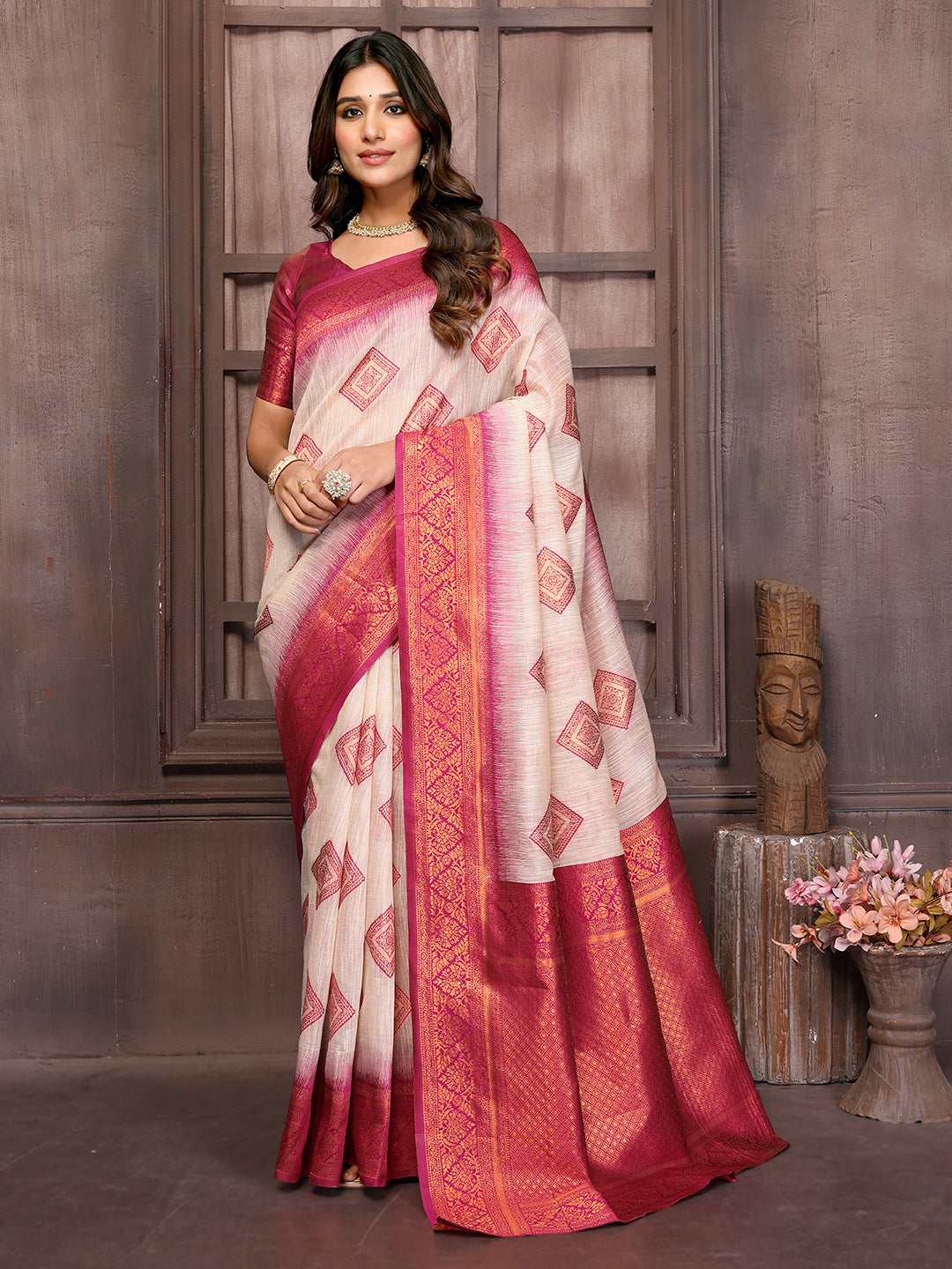 Beige & Wine Linen Blend Ethnic Motifs Woven Design Kanjivaram Saree with Blouse Piece