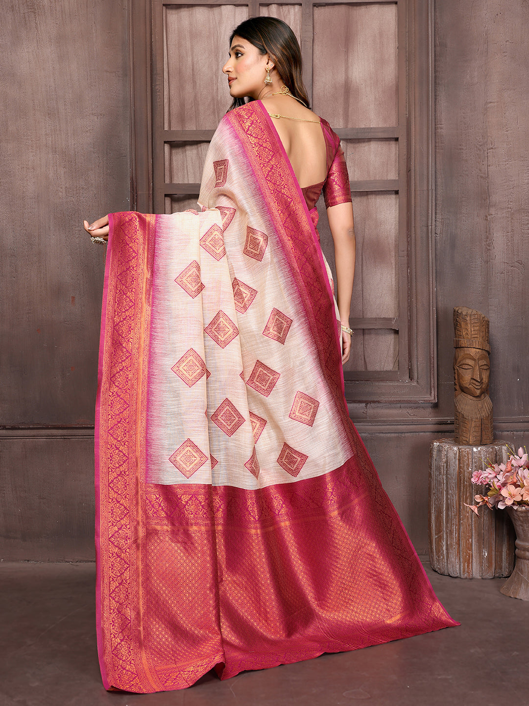 Beige & Wine Linen Blend Ethnic Motifs Woven Design Kanjivaram Saree with Blouse Piece