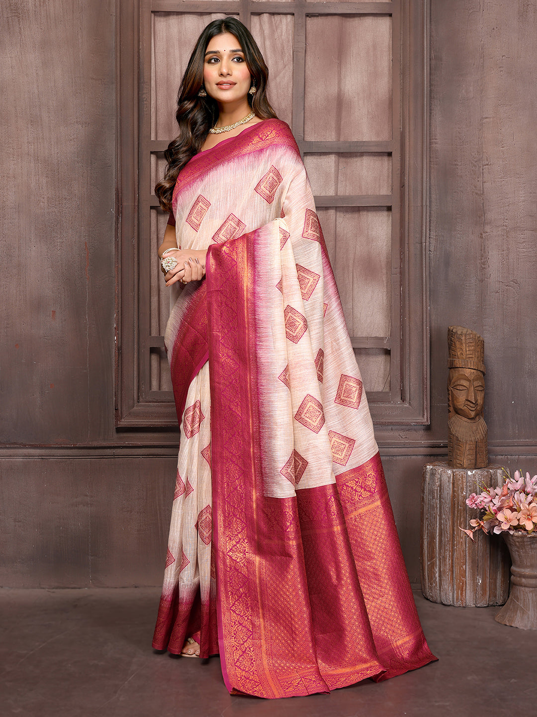 Beige & Wine Linen Blend Ethnic Motifs Woven Design Kanjivaram Saree with Blouse Piece