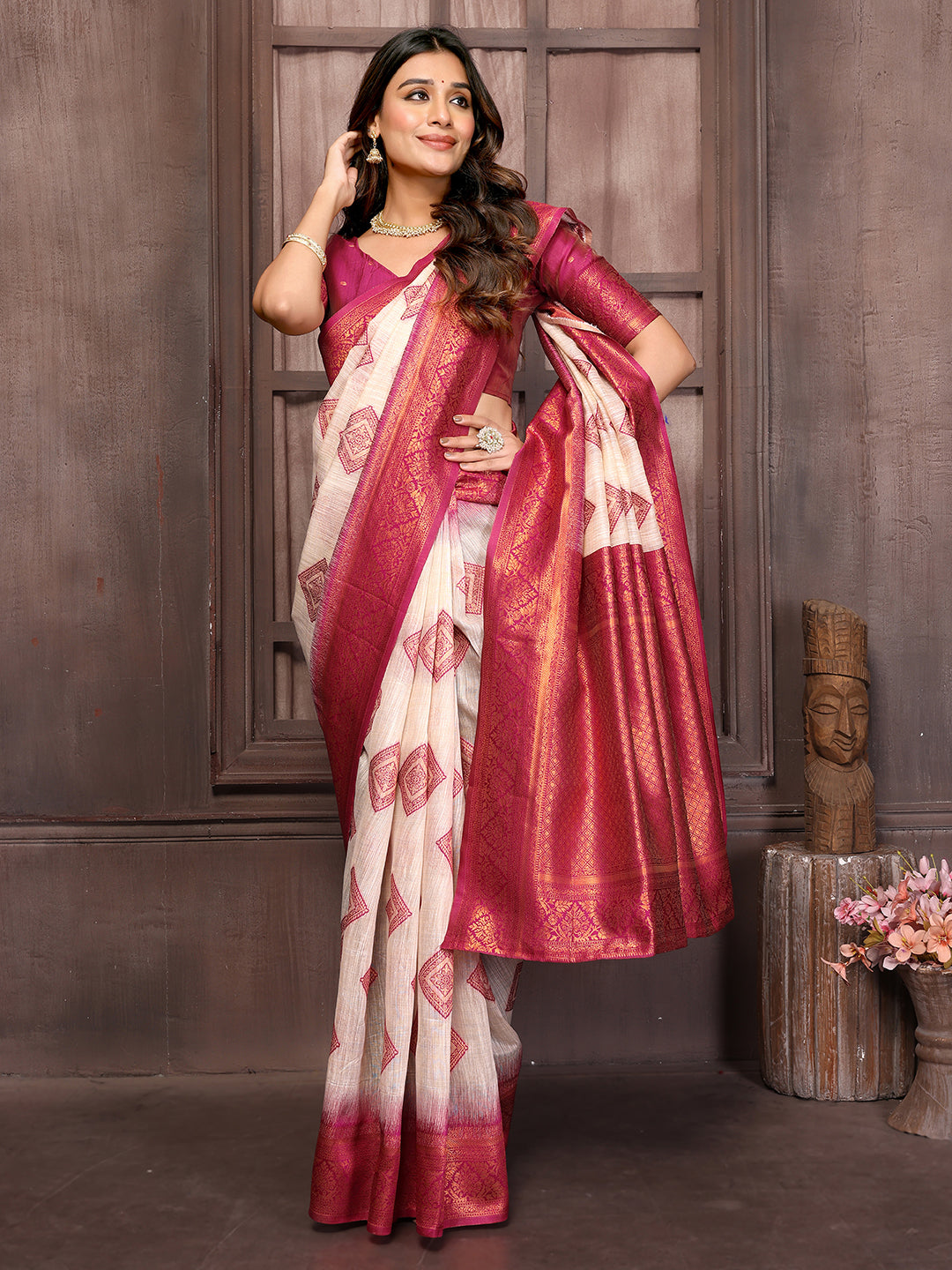 Beige & Wine Linen Blend Ethnic Motifs Woven Design Kanjivaram Saree with Blouse Piece