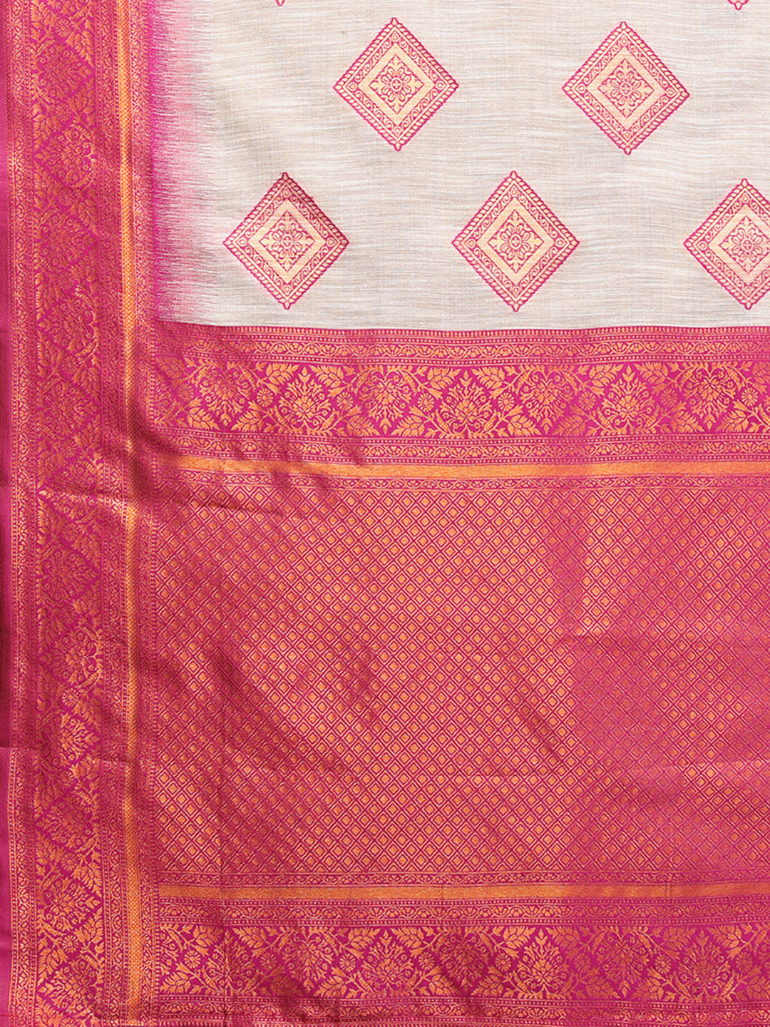 Beige & Wine Linen Blend Ethnic Motifs Woven Design Kanjivaram Saree with Blouse Piece