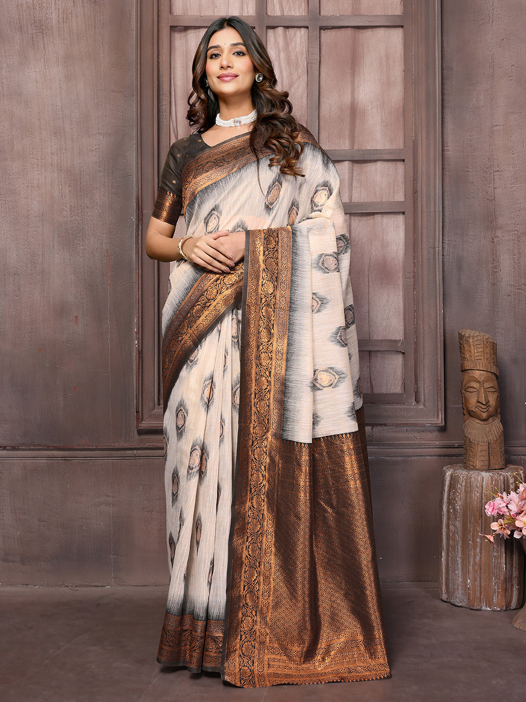 Beige & Brown Linen Blend Ethnic Motifs Woven Design Kanjivaram Saree with Blouse Piece