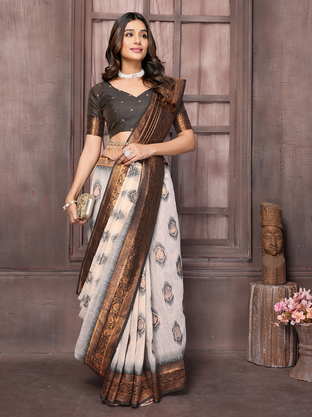 Beige & Brown Linen Blend Ethnic Motifs Woven Design Kanjivaram Saree with Blouse Piece